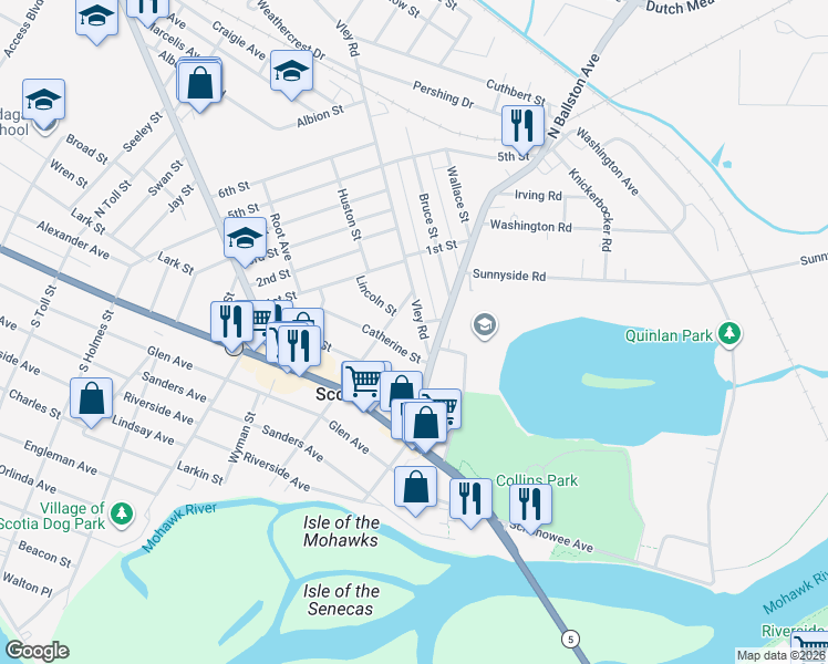 map of restaurants, bars, coffee shops, grocery stores, and more near 110 Catherine Street in Scotia