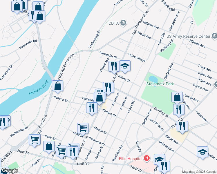 map of restaurants, bars, coffee shops, grocery stores, and more near 1935 Van Vranken Avenue in Schenectady