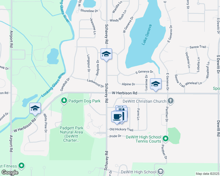 map of restaurants, bars, coffee shops, grocery stores, and more near 1314 West Herbison Road in DeWitt