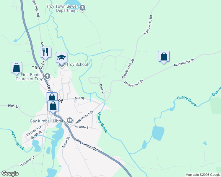 map of restaurants, bars, coffee shops, grocery stores, and more near 98 Monadnock Street in Troy