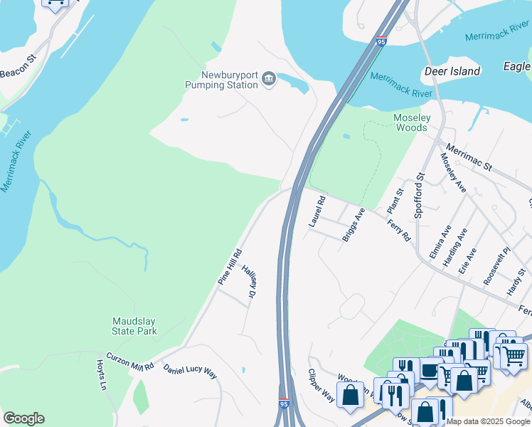 map of restaurants, bars, coffee shops, grocery stores, and more near 7 Pine Hill Road in Newburyport