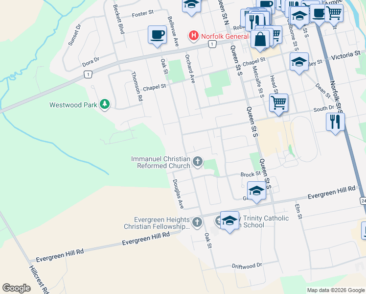 map of restaurants, bars, coffee shops, grocery stores, and more near 78 Oak Street in Simcoe