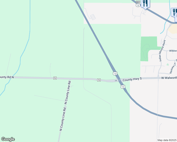 map of restaurants, bars, coffee shops, grocery stores, and more near N9334 Warner Road in Whitewater