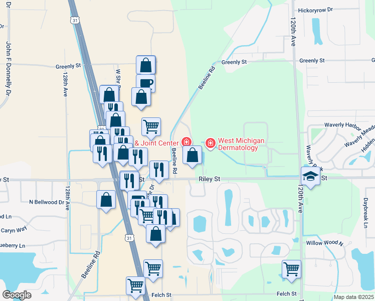 map of restaurants, bars, coffee shops, grocery stores, and more near 3299 North Wellness Drive in Holland