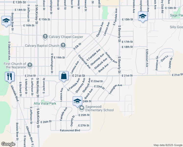 map of restaurants, bars, coffee shops, grocery stores, and more near 1910 East 21st Street in Casper