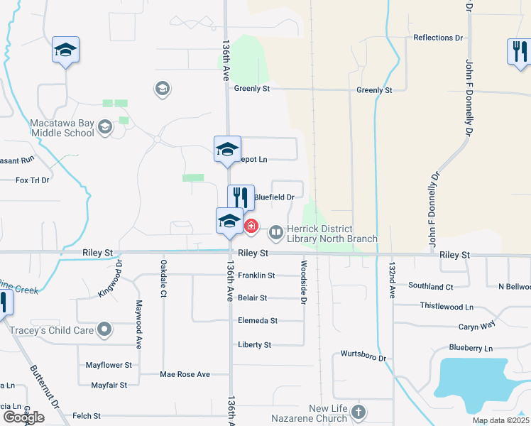 map of restaurants, bars, coffee shops, grocery stores, and more near 163 Panther Drive in Holland