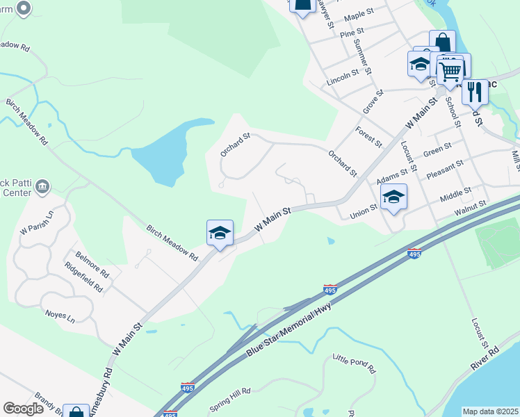 map of restaurants, bars, coffee shops, grocery stores, and more near in Merrimac