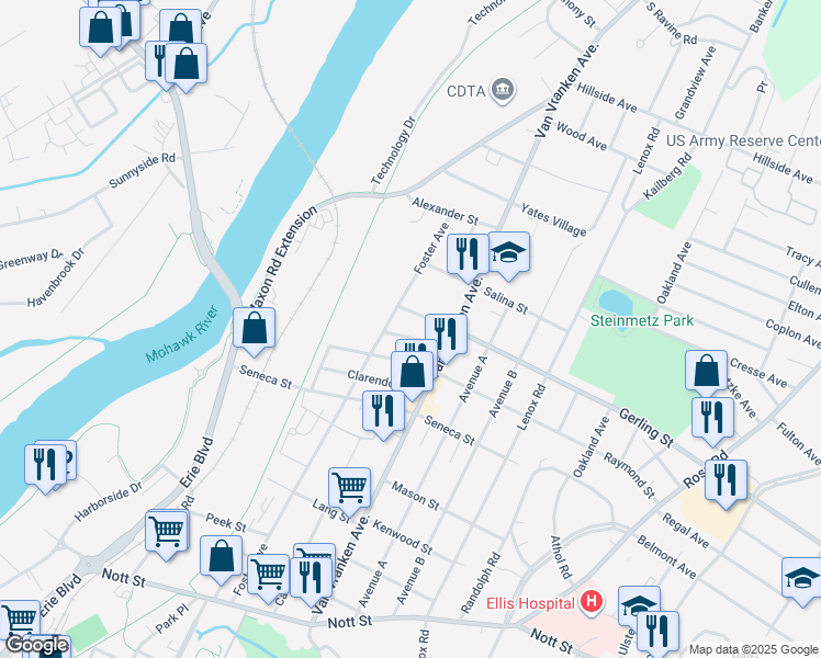 map of restaurants, bars, coffee shops, grocery stores, and more near 536 Florence Street in Schenectady