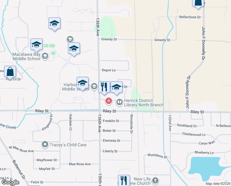 map of restaurants, bars, coffee shops, grocery stores, and more near 163 Panther Drive in Holland