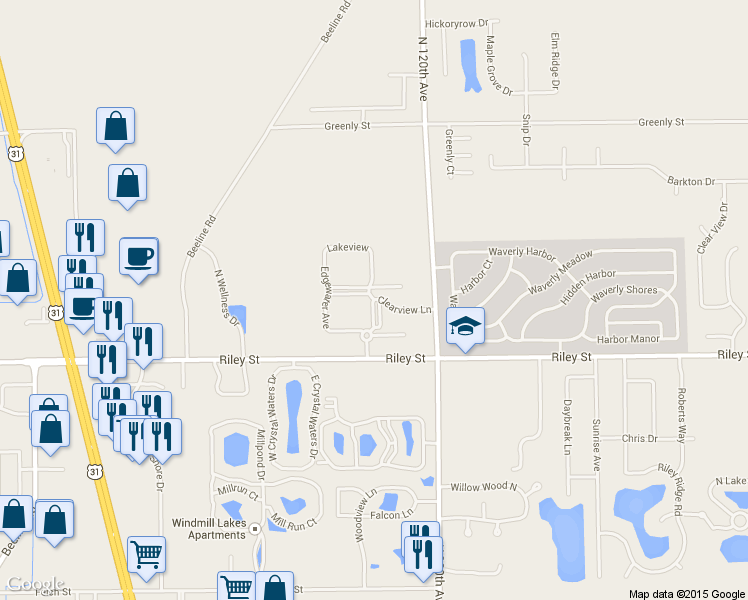 map of restaurants, bars, coffee shops, grocery stores, and more near 12100 Clearview Lane in Holland