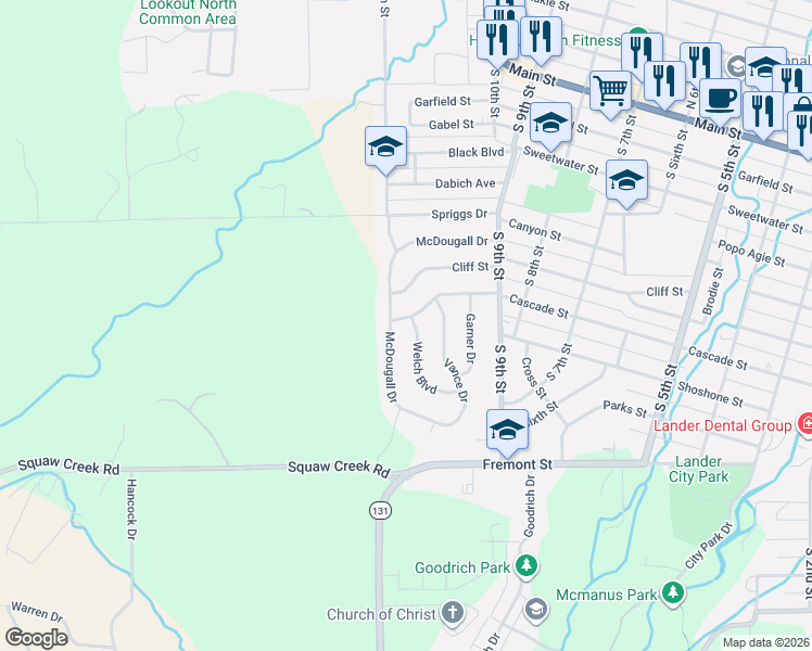 map of restaurants, bars, coffee shops, grocery stores, and more near 1225 McDougall Drive in Lander