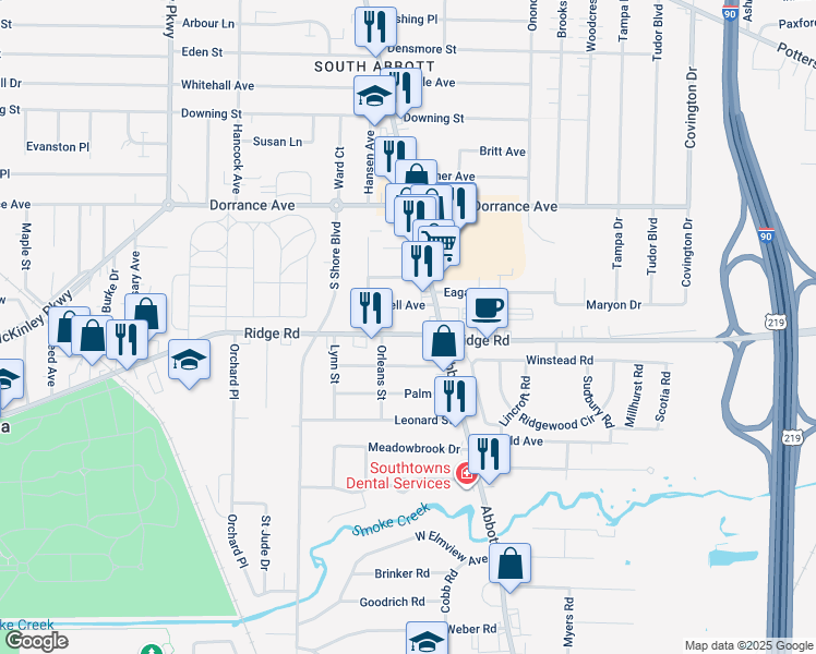 map of restaurants, bars, coffee shops, grocery stores, and more near 1257 Ridge Road in Buffalo