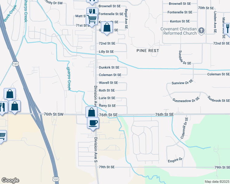 map of restaurants, bars, coffee shops, grocery stores, and more near 129 Lurie Street Southeast in Grand Rapids