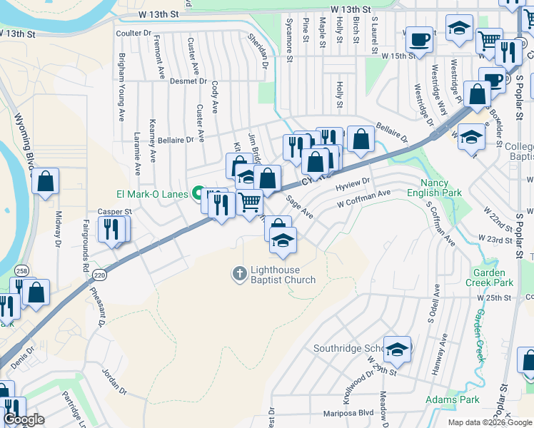 map of restaurants, bars, coffee shops, grocery stores, and more near 1942 Boyd Avenue in Casper