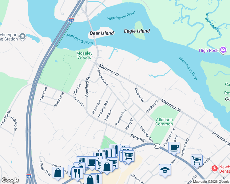map of restaurants, bars, coffee shops, grocery stores, and more near 66 Moseley Avenue in Newburyport