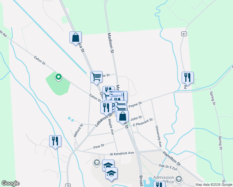 map of restaurants, bars, coffee shops, grocery stores, and more near 21 Madison Street in Hamilton
