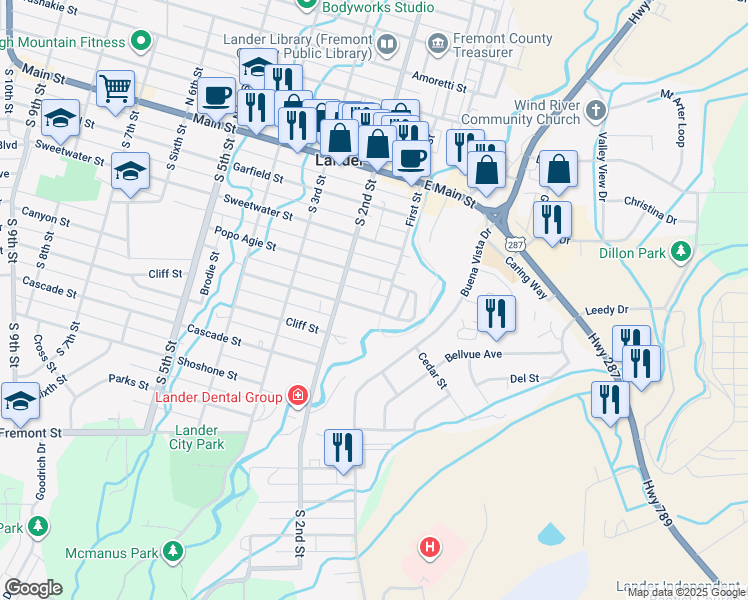 map of restaurants, bars, coffee shops, grocery stores, and more near 127 Canyon Street in Lander