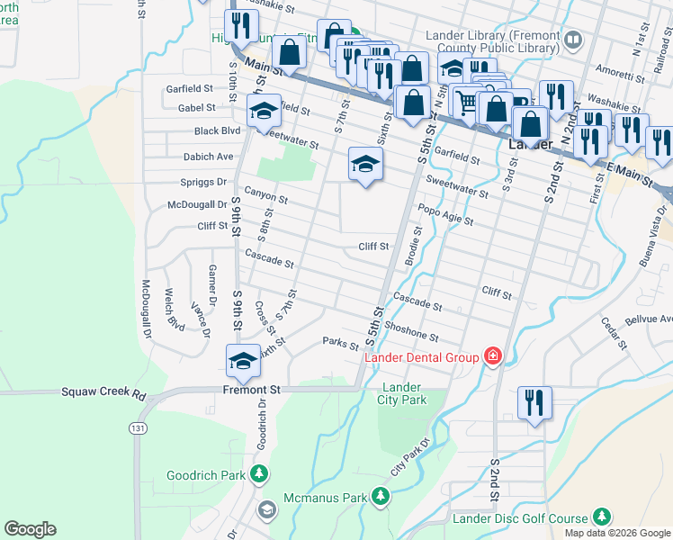 map of restaurants, bars, coffee shops, grocery stores, and more near 581 Cascade Street in Lander