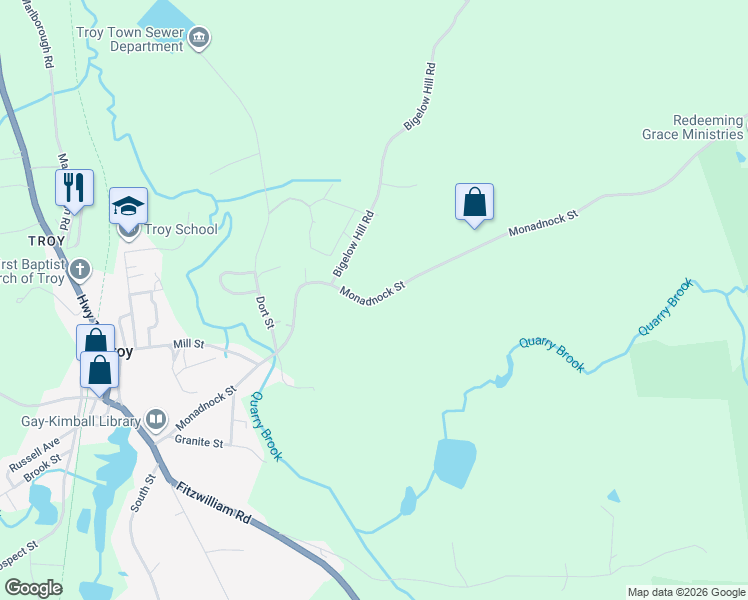 map of restaurants, bars, coffee shops, grocery stores, and more near 160 Monadnock St in Troy