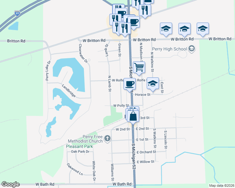 map of restaurants, bars, coffee shops, grocery stores, and more near 338 Green in Perry