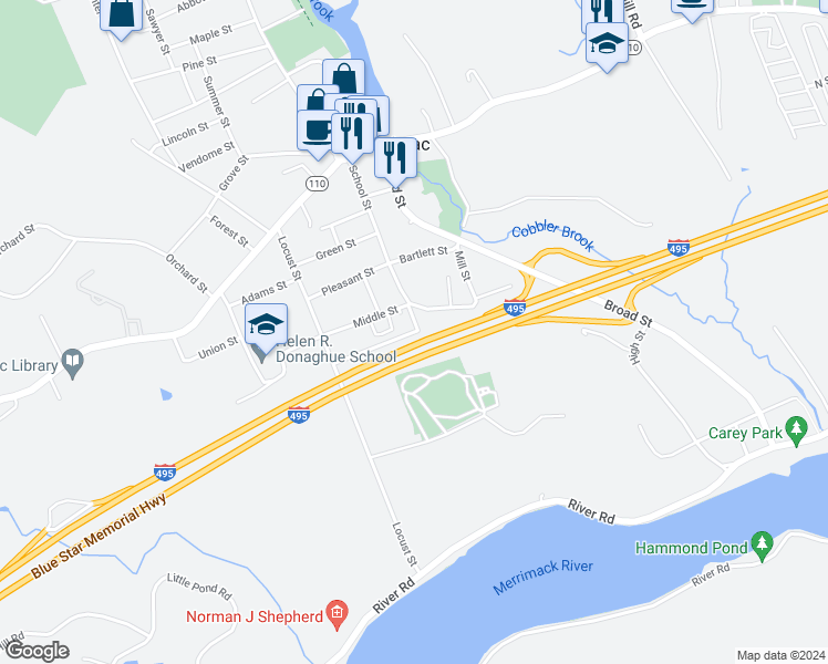 map of restaurants, bars, coffee shops, grocery stores, and more near 2 Walnut Street in Merrimac