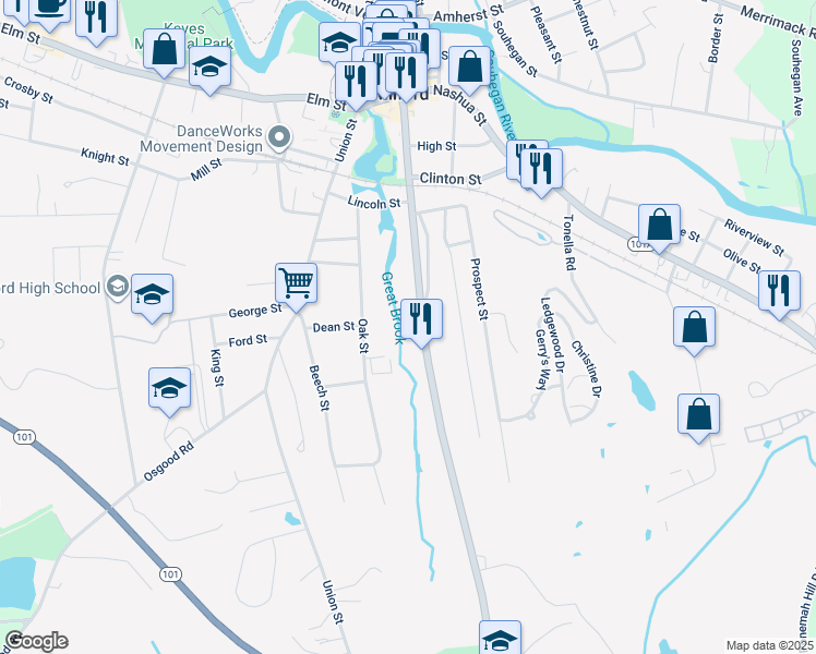 map of restaurants, bars, coffee shops, grocery stores, and more near 237 South Street in Milford