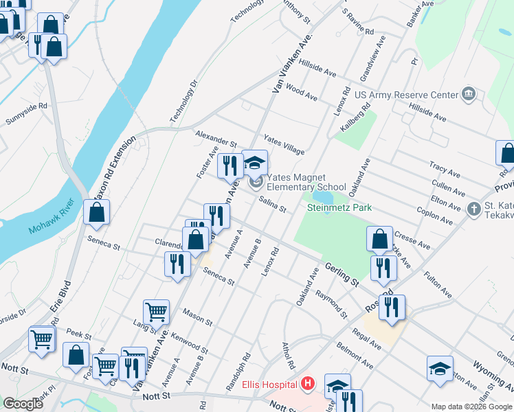 map of restaurants, bars, coffee shops, grocery stores, and more near 2019 Avenue B in Schenectady