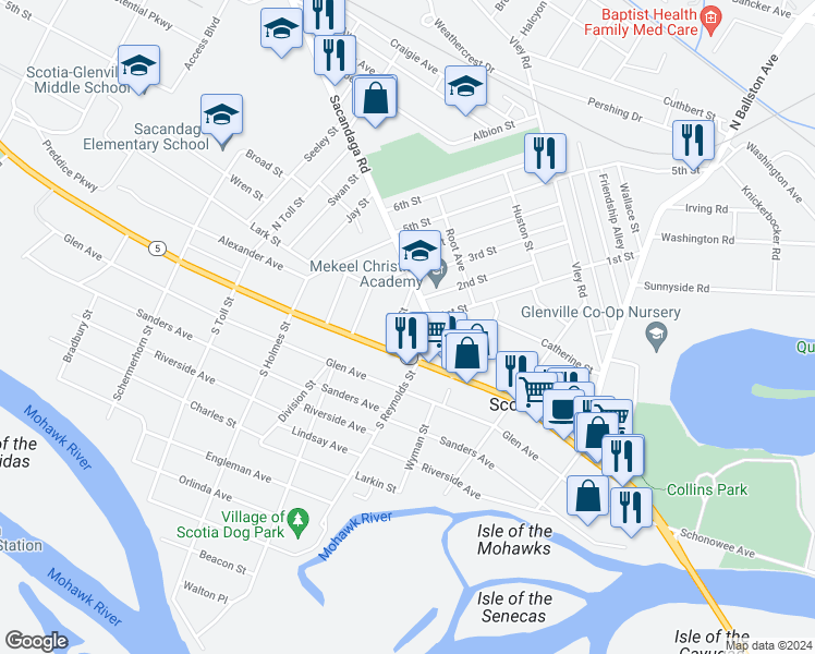 map of restaurants, bars, coffee shops, grocery stores, and more near 302 Mohawk Avenue in Scotia