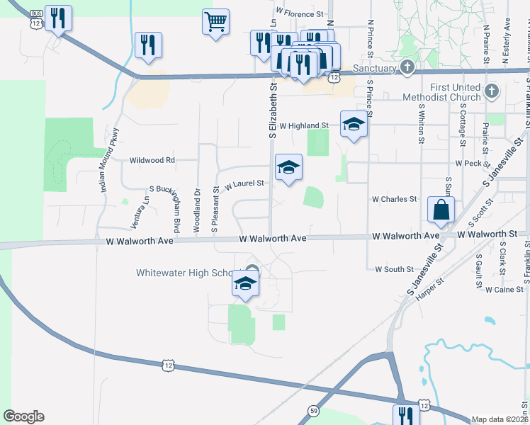 map of restaurants, bars, coffee shops, grocery stores, and more near 1210 West Walworth Avenue in Whitewater