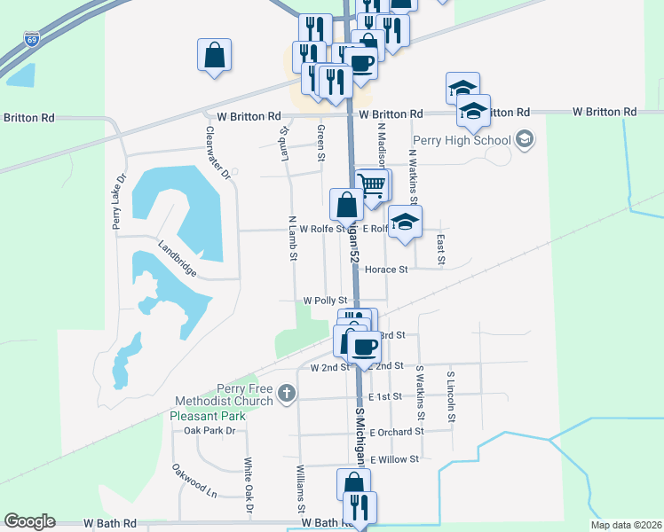 map of restaurants, bars, coffee shops, grocery stores, and more near 338 North Green Street in Perry