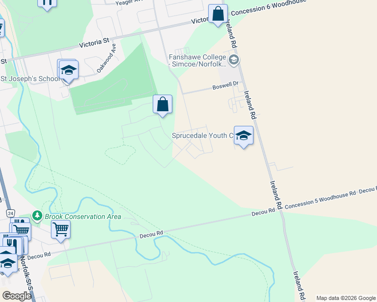 map of restaurants, bars, coffee shops, grocery stores, and more near 39 Waterthrush Lane in Simcoe