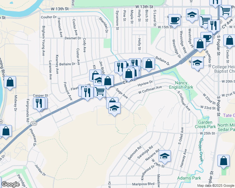 map of restaurants, bars, coffee shops, grocery stores, and more near 2205 Wyoming 220 in Casper