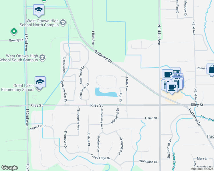 map of restaurants, bars, coffee shops, grocery stores, and more near 14834 Anchor Court in Holland