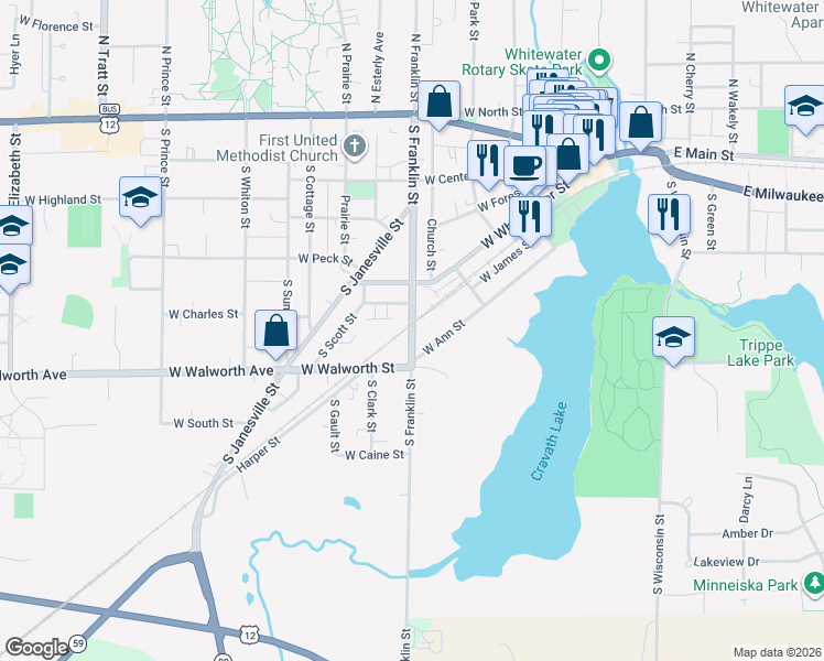 map of restaurants, bars, coffee shops, grocery stores, and more near 403 South Franklin Street in Whitewater