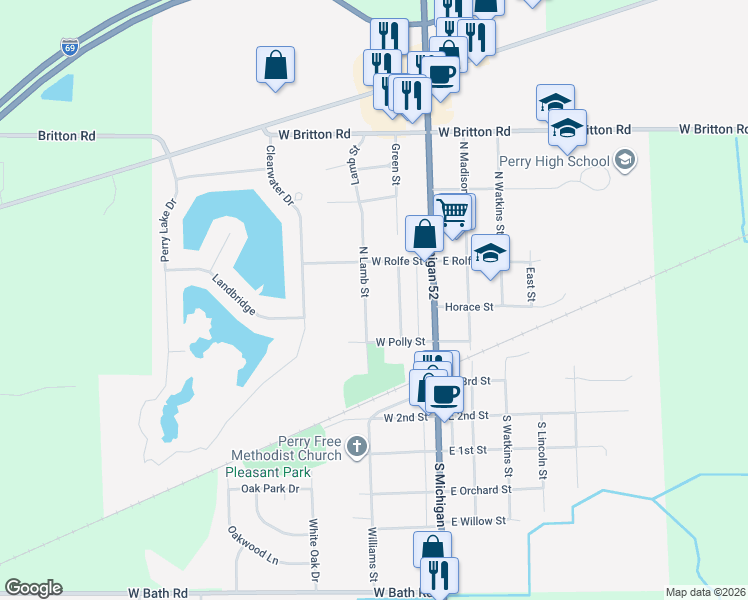 map of restaurants, bars, coffee shops, grocery stores, and more near 355 Lamb Street in Perry