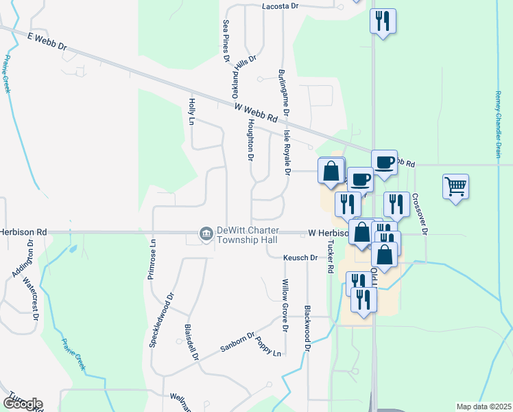 map of restaurants, bars, coffee shops, grocery stores, and more near 12884 Isle Royale Drive in DeWitt