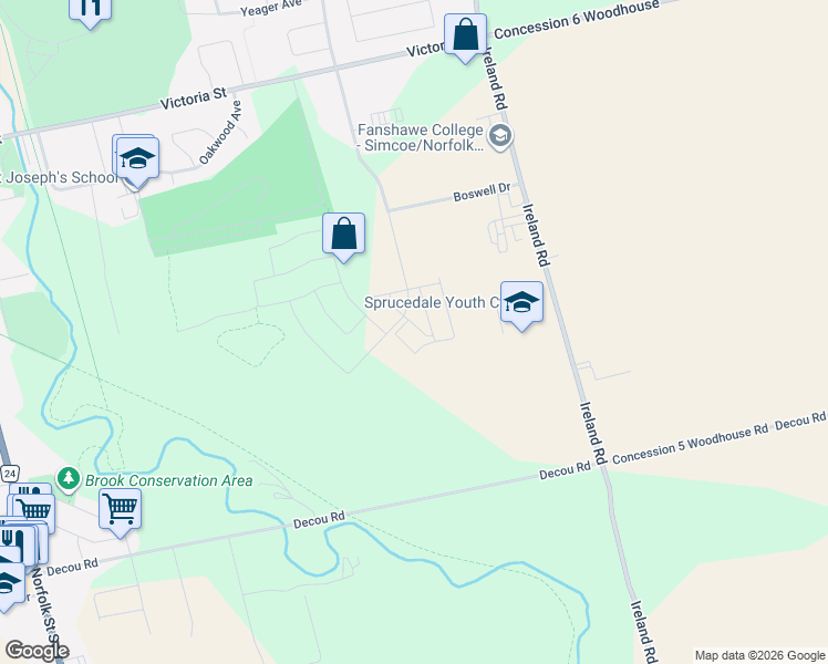 map of restaurants, bars, coffee shops, grocery stores, and more near 194 Donly Drive South in Simcoe