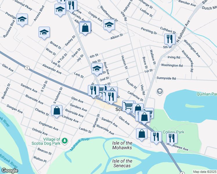 map of restaurants, bars, coffee shops, grocery stores, and more near 308 1st Street in Scotia
