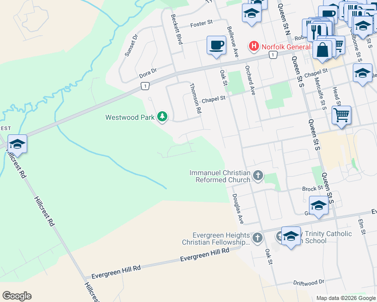 map of restaurants, bars, coffee shops, grocery stores, and more near 2 Ironwood Street in Simcoe