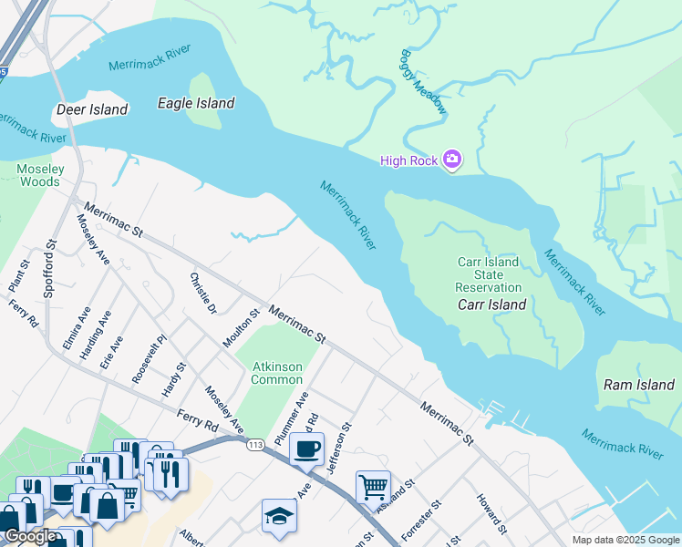 map of restaurants, bars, coffee shops, grocery stores, and more near 7 Pipers Quarry Lane in Newburyport