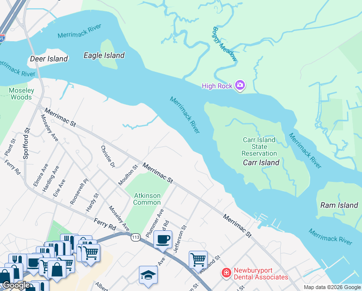map of restaurants, bars, coffee shops, grocery stores, and more near 7 Pipers Quarry Lane in Newburyport