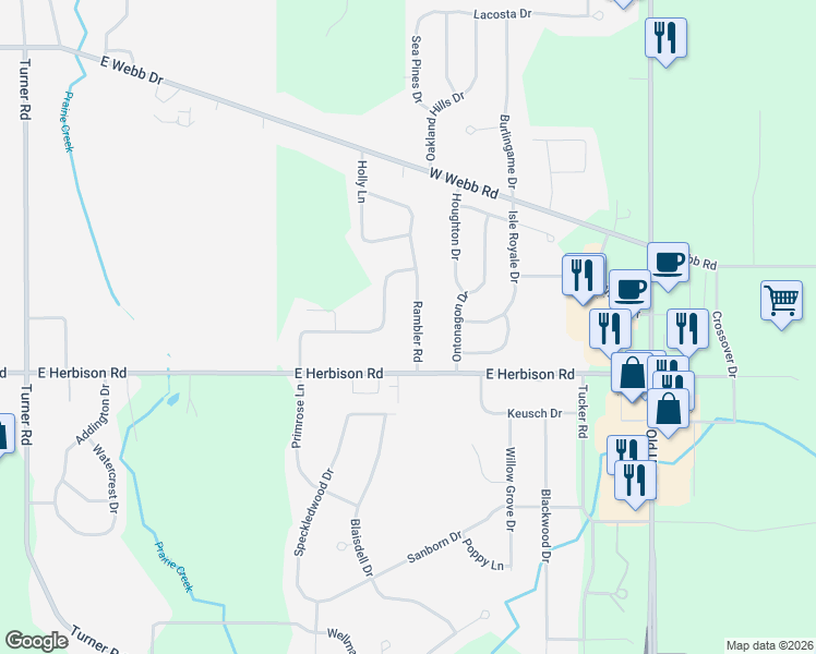 map of restaurants, bars, coffee shops, grocery stores, and more near 12875 Rambler Road in DeWitt