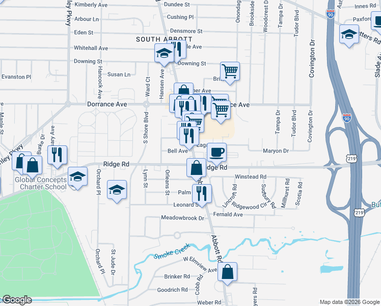 map of restaurants, bars, coffee shops, grocery stores, and more near 46 Bell Avenue in Lackawanna