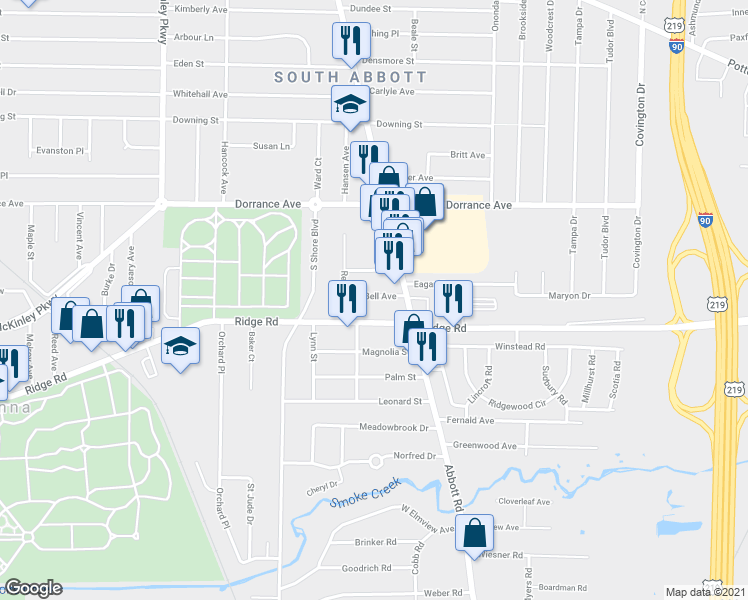 map of restaurants, bars, coffee shops, grocery stores, and more near 46 Bell Avenue in Lackawanna