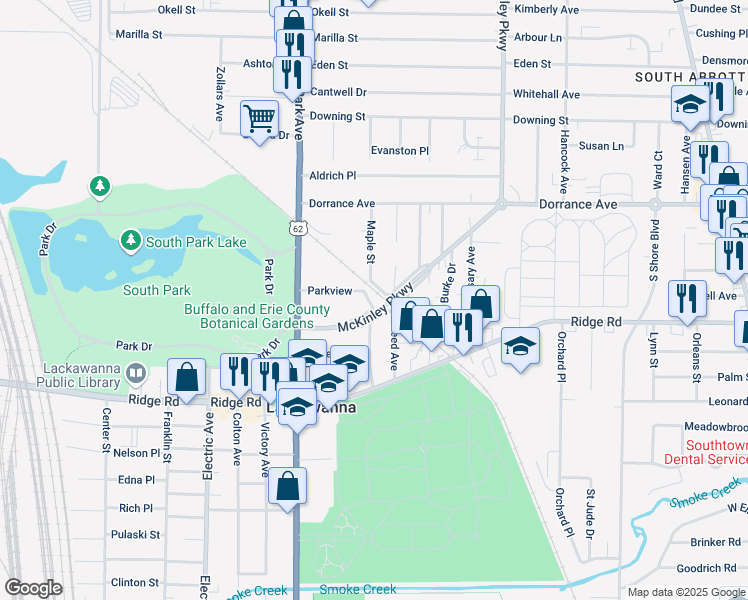 map of restaurants, bars, coffee shops, grocery stores, and more near 81 Parkview in Lackawanna