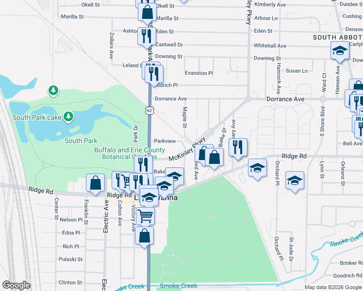 map of restaurants, bars, coffee shops, grocery stores, and more near 81 Parkview in Lackawanna