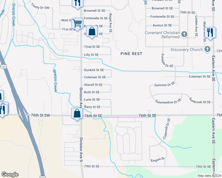 map of restaurants, bars, coffee shops, grocery stores, and more near 7421 Regal Avenue Southeast in Grand Rapids