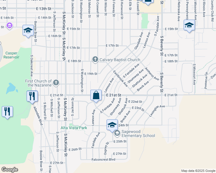 map of restaurants, bars, coffee shops, grocery stores, and more near 2025 South Lennox Avenue in Casper