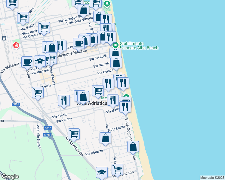 map of restaurants, bars, coffee shops, grocery stores, and more near 258 Lungomare Marconi in Alba Adriatica