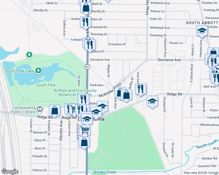 map of restaurants, bars, coffee shops, grocery stores, and more near 81 Parkview Avenue in Lackawanna